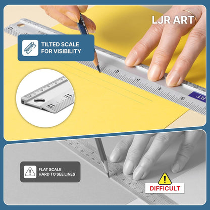 12 Inch Aluminum Cutting Ruler, Dual Scale Inch/Metric Measuring Tool with Precision Markings, Lightweight Straight Edge for Architects, Students, Engineers, and Designers