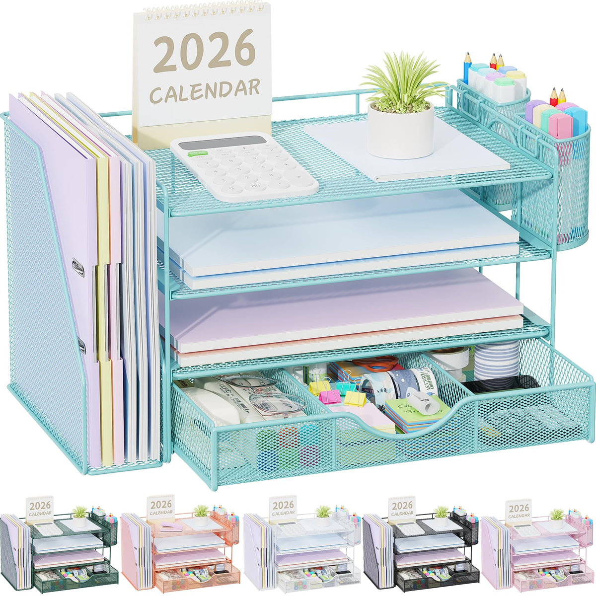 gianotter Desk Organizers and Accessories with File Holder, 4-Tier Desk Accessories & Workspace Organizers with Drawer and 2 Pen Holder, Paper Organizer for Office Supplies(Gold)