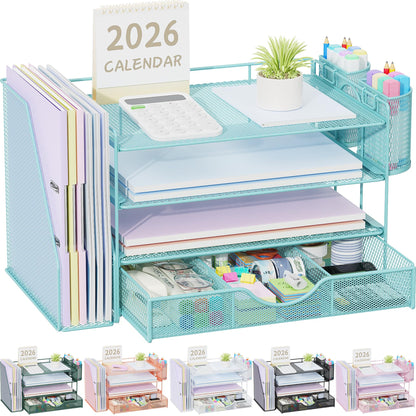 gianotter Desk Organizers and Accessories with File Holder, 4-Tier Desk Accessories & Workspace Organizers with Drawer and 2 Pen Holder, Paper Organizer for Office Supplies(Gold)