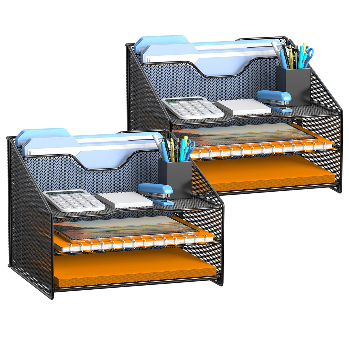 Samstar Desk File Organizer, Mesh Letter File Folder Holder with 3 Paper Trays and 2 Vertical Upright Section, for Office Supplies,Desk Accessories & Workspace,Black.