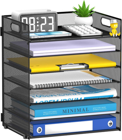 7 Tier Paper Organizer for Desk with Letter Trays & Handle Black