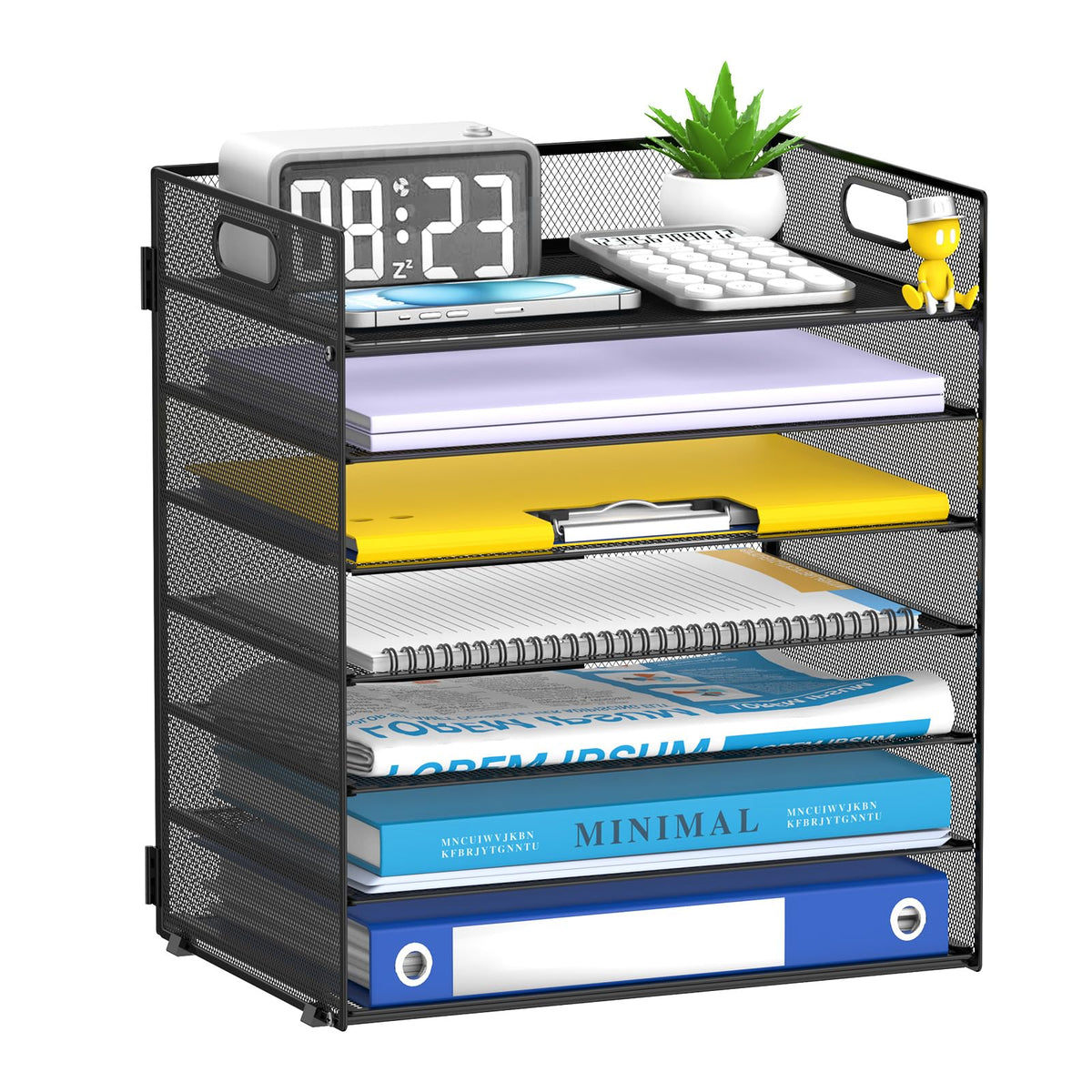 7 Tier Paper Organizer for Desk with Letter Trays & Handle Black