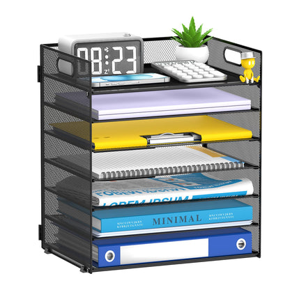 7 Tier Paper Organizer for Desk with Letter Trays & Handle Black