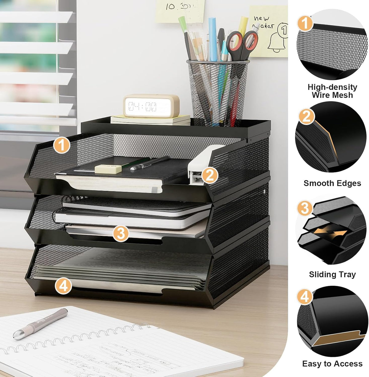 Natwind 3-Tier Stackable Metal Mesh Paper Organizer with Sliding Tray,Black