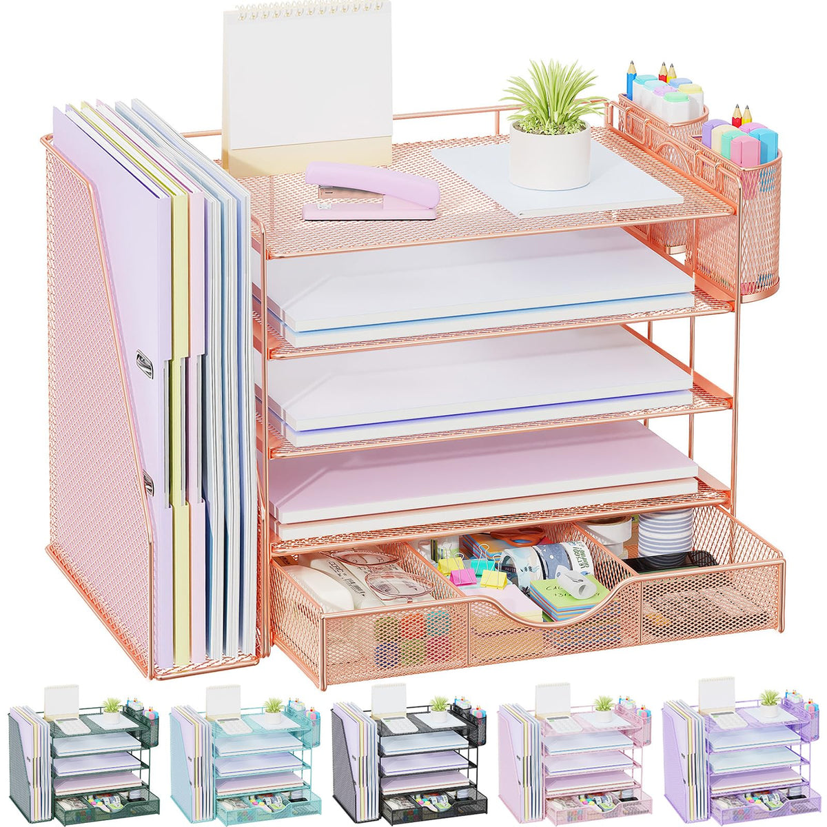 gianotter Desk Organizers and Accessories with File Holder, 4-Tier Desk Accessories & Workspace Organizers with Drawer and 2 Pen Holder, Paper Organizer for Office Supplies (Rose Gold)