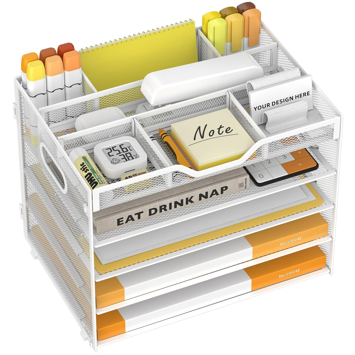 5 Tier Paper Letter Tray Desk Organizer with Pen Holders - Black