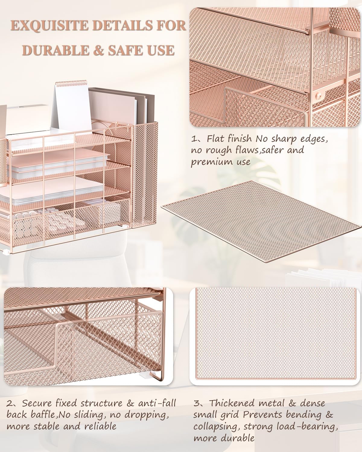 WALI Desk File Organizer, 4 Tier Desktop Paper Letter Tray Organizer with Drawer and 2 Pen Holders, Office Desk Accessories & Workspace Organizers for Office, Home, School Supplies, 1 Pack, Rose Gold