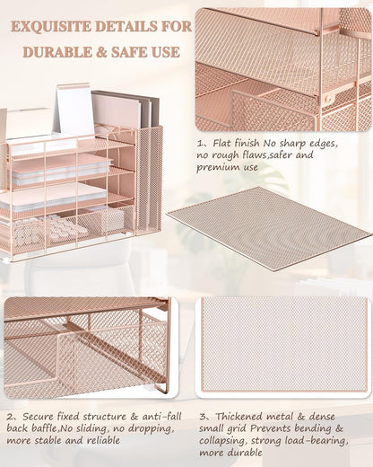 WALI Desk File Organizer, 4 Tier Desktop Paper Letter Tray Organizer with Drawer and 2 Pen Holders, Office Desk Accessories & Workspace Organizers for Office, Home, School Supplies, 1 Pack, Rose Gold