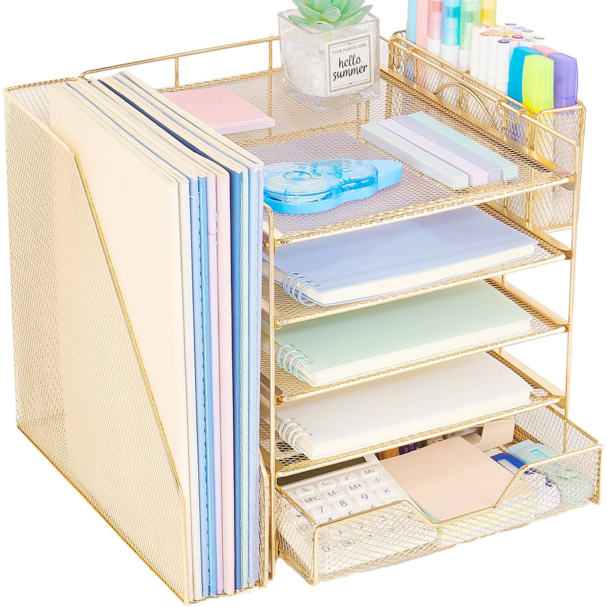 5-Tier Desk File Organizer with Drawer & Pen Holder (Black)