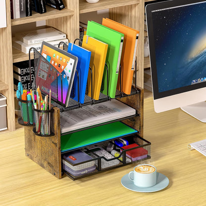 DAOUTIME 4-Tier Mesh Desk Organizer, Wooden Desk File Organizer with 5 Vertical File Holders and 2 Pen Holders, Desktop Organizers and Accessories with Drawer for Home Office