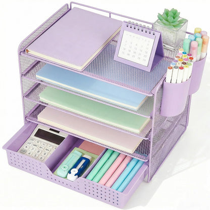 LEKETREE Desk Organizers and Accessories, 5-Tier Paper Letter Tray Organizer with File Holder, Desktop Organizer for Office Supplies (Black)