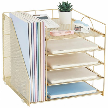LEKETREE Desk Organizers and Accessories, 5-Tier Paper Letter Tray Organizer with File Holder, Desktop Organizer for Office Supplies (Black)