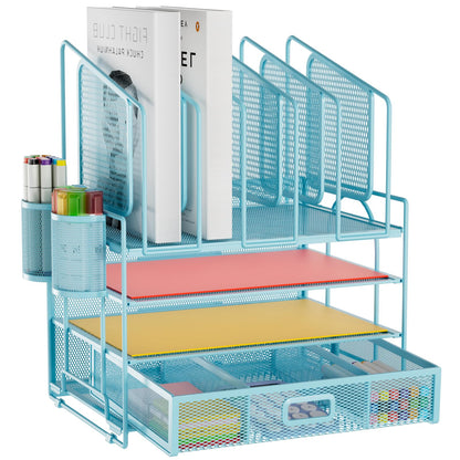 Marbrasse Desk Organizer with Drawer, 4-Tier Mesh File Organizer with 5 Vertical File Holders and 2 Pen Holders, Multifunction Desktop Organizer,Desk Organizers and Accessories for Home Office