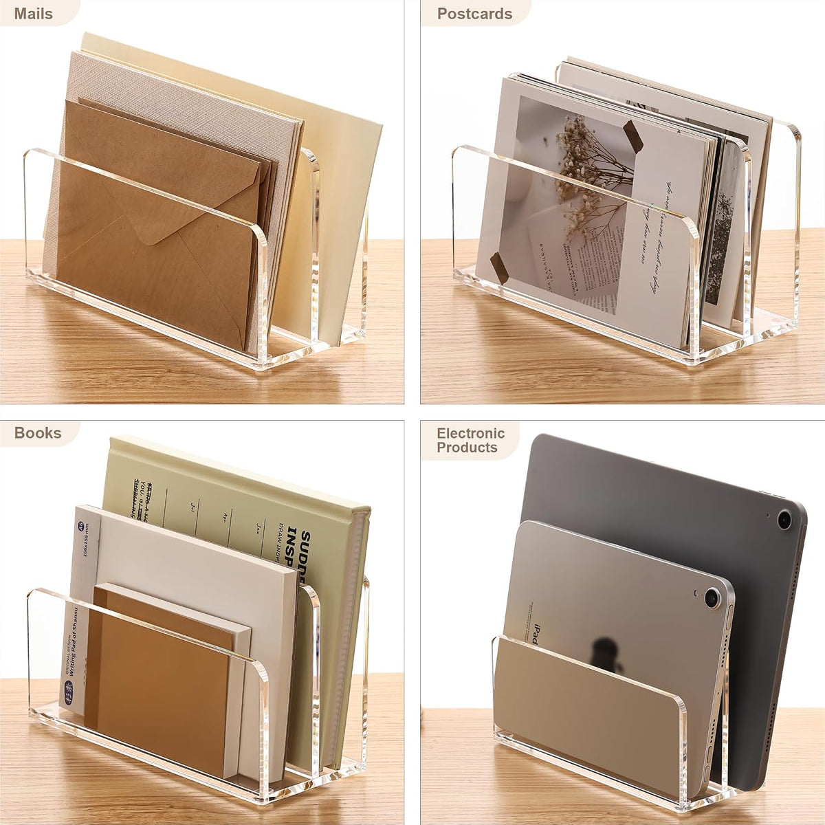 YUXUN Acrylic Mail Organizer, Clear Mail Holder - 2 Compartments Mail Sorter, File Organizer for Desk, Office Accessories for Mail, Bills, Documents, Notebooks