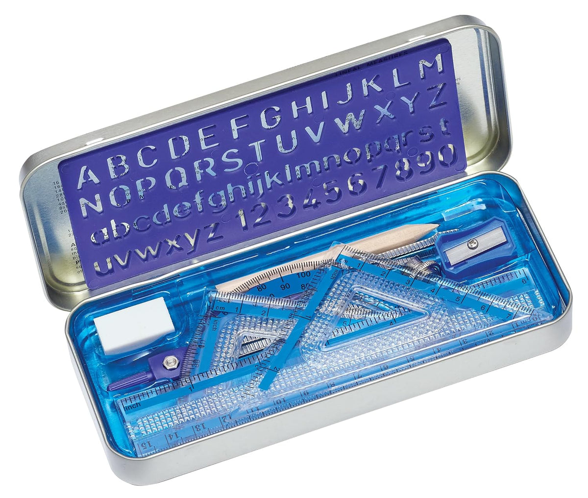 STAEDTLER 10-Piece Math Set with Metal Compass, 6" Ruler & Triangle Squares, 45° & 30/60° Set Squares, Alphabet Stencil - Measuring Tools