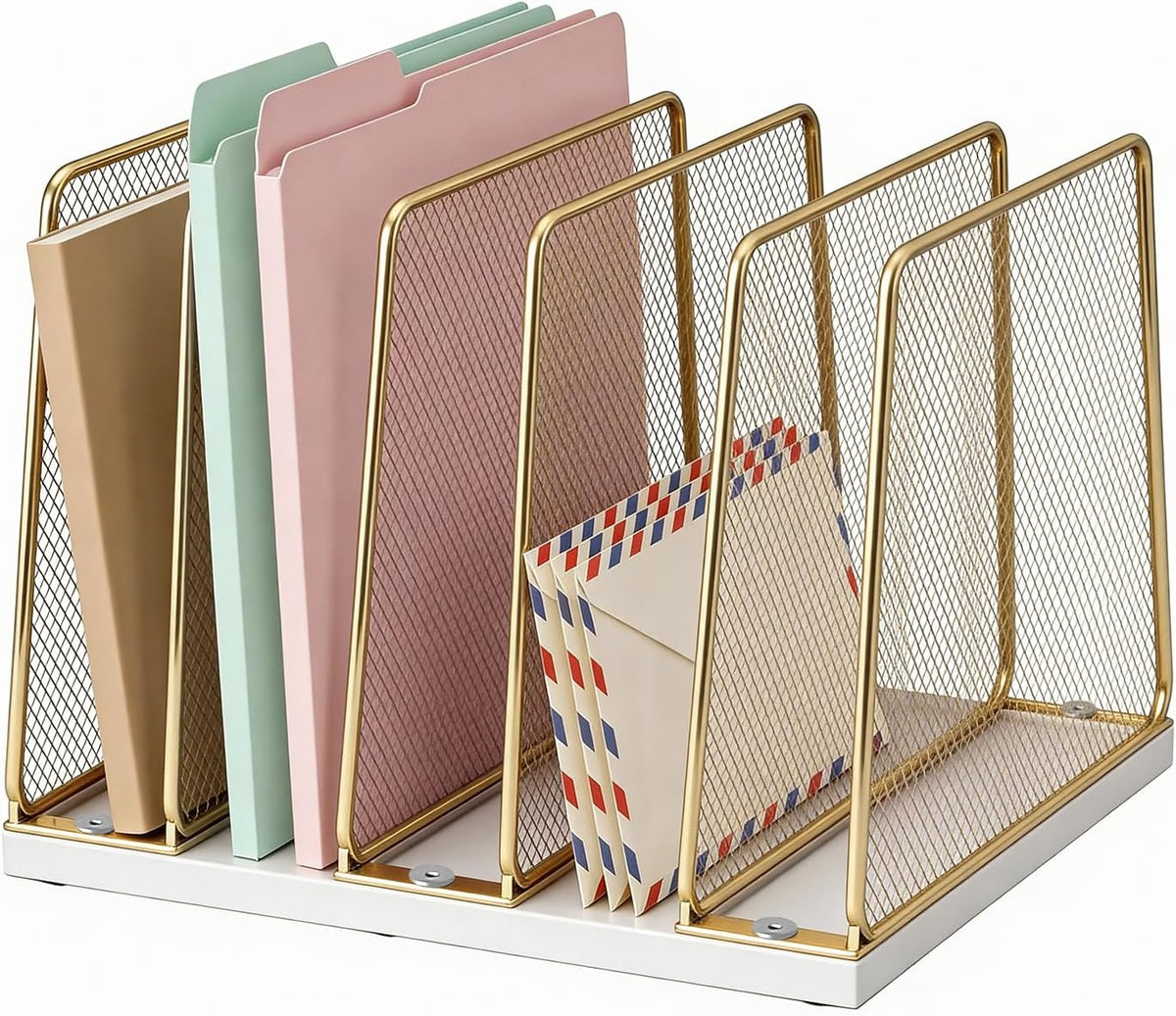 LEKETREE Gold Desk File Organizer, 5-Section Upright File Sorter, Vertical File Folder Holder, Mesh Metal Wood Office Desk Organizer for Document, Magazine, Books and more (White and Gold)