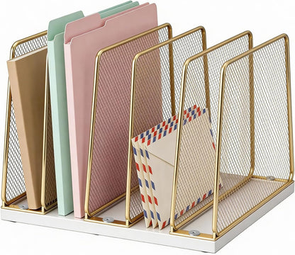 LEKETREE Gold Desk File Organizer, 5-Section Upright File Sorter, Vertical File Folder Holder, Mesh Metal Wood Office Desk Organizer for Document, Magazine, Books and more (White and Gold)