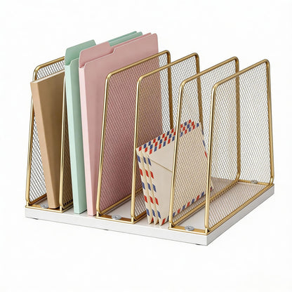 LEKETREE Gold Desk File Organizer, 5-Section Upright File Sorter, Vertical File Folder Holder, Mesh Metal Wood Office Desk Organizer for Document, Magazine, Books and more (White and Gold)