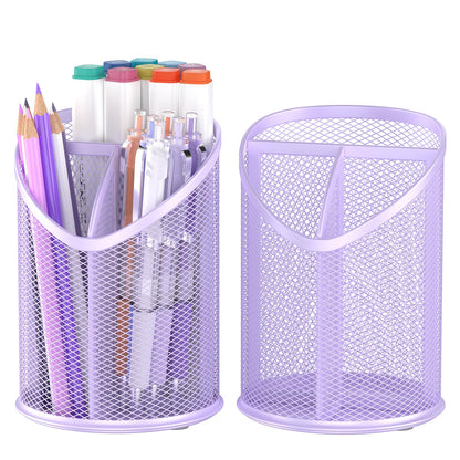 Delifox 2 Pack Pen Holder Mesh Round Pencil Holder 3 Compartments, Black