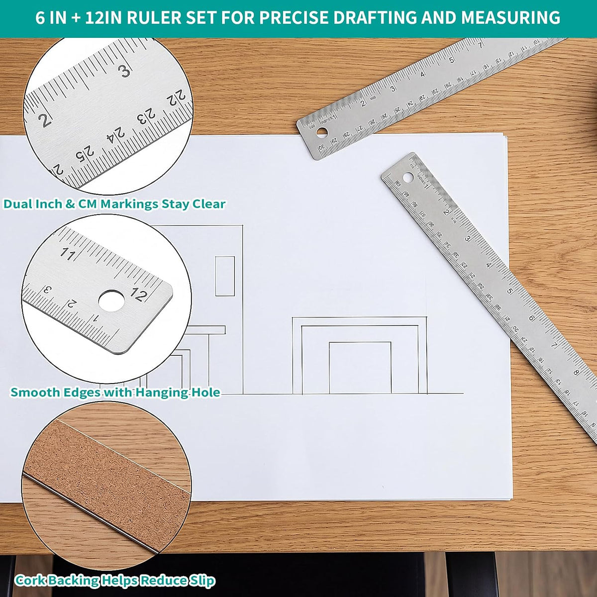 Metal Ruler 6+12 Inch Stainless Steel Ruler with Cork Backing