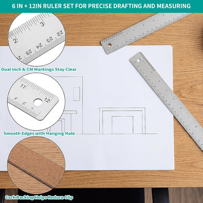 Metal Ruler 6+12 Inch Stainless Steel Ruler with Cork Backing