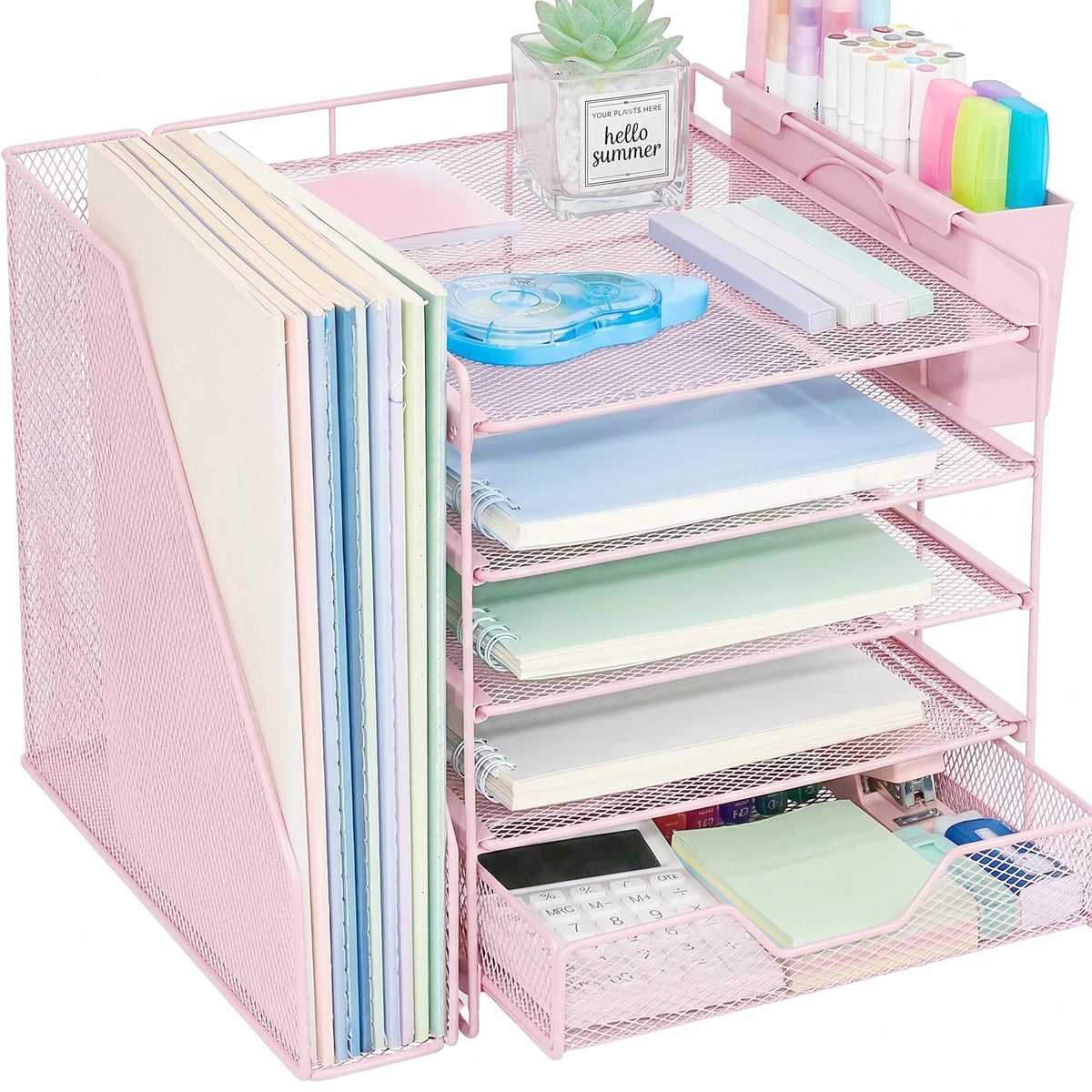 5-Tier Desk File Organizer with Drawer & Pen Holder (Black)