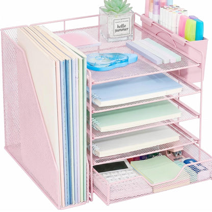 5-Tier Desk File Organizer with Drawer & Pen Holder (Black)