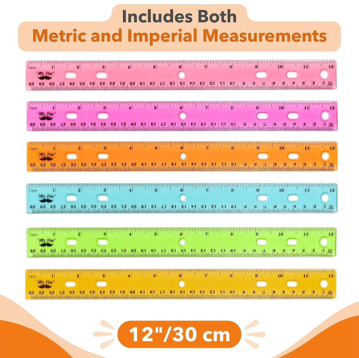 Mr. Pen- Transparent Rulers with Holes for Three-Ring Binders, 12", 6 Pack
