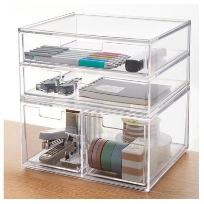 STORi Stackable Desk Drawer Organizer, Clear Pen Pencil Makeup Brush Holder for Desktops and Vanities, 4 Wide Drawers (Made in USA)