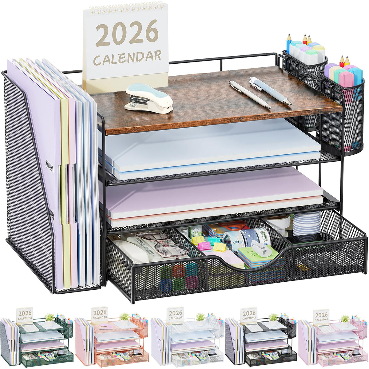 gianotter Desk Organizers and Accessories with File Holder, 4-Tier Desk Accessories & Workspace Organizers with Drawer and 2 Pen Holder, Paper Organizer for Office Supplies (Rose Gold)