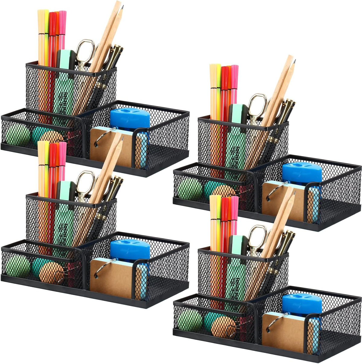 Ferraycle 4 Pcs Mesh Desk Organizer 3 Compartments Mesh Metal Pen Holder