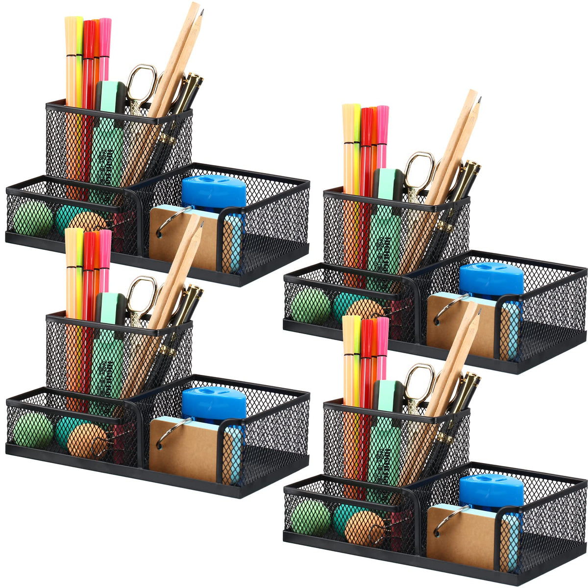 Ferraycle 4 Pcs Mesh Desk Organizer 3 Compartments Mesh Metal Pen Holder
