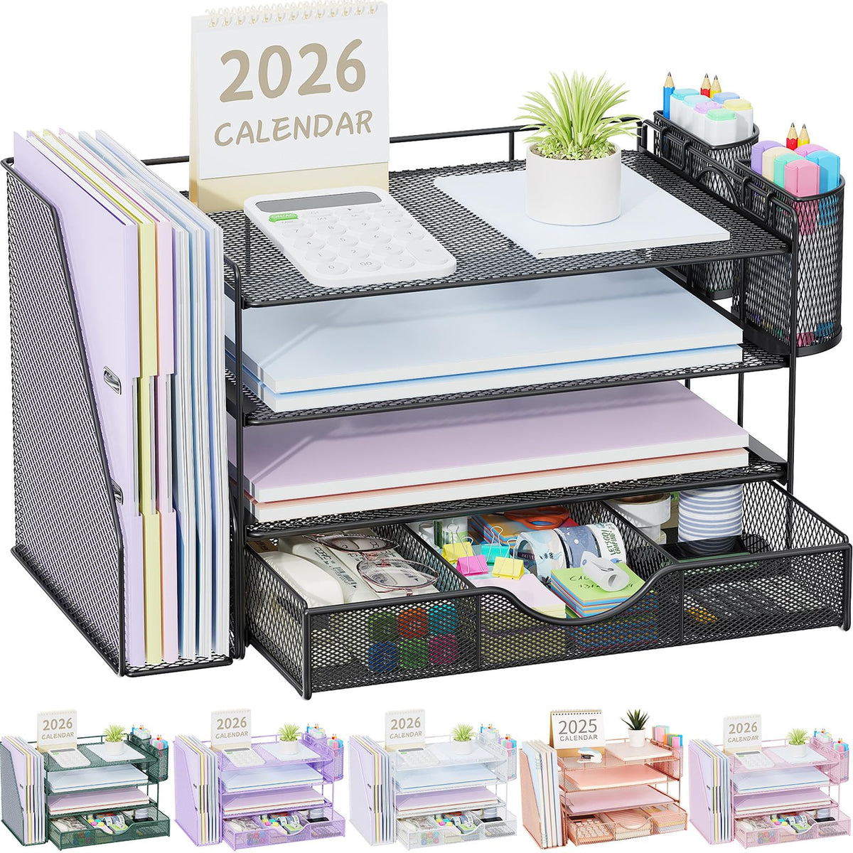 gianotter Desk Organizers and Accessories with File Holder, 4-Tier Desk Accessories & Workspace Organizers with Drawer and 2 Pen Holder, Paper Organizer for Office Supplies (Rose Gold)