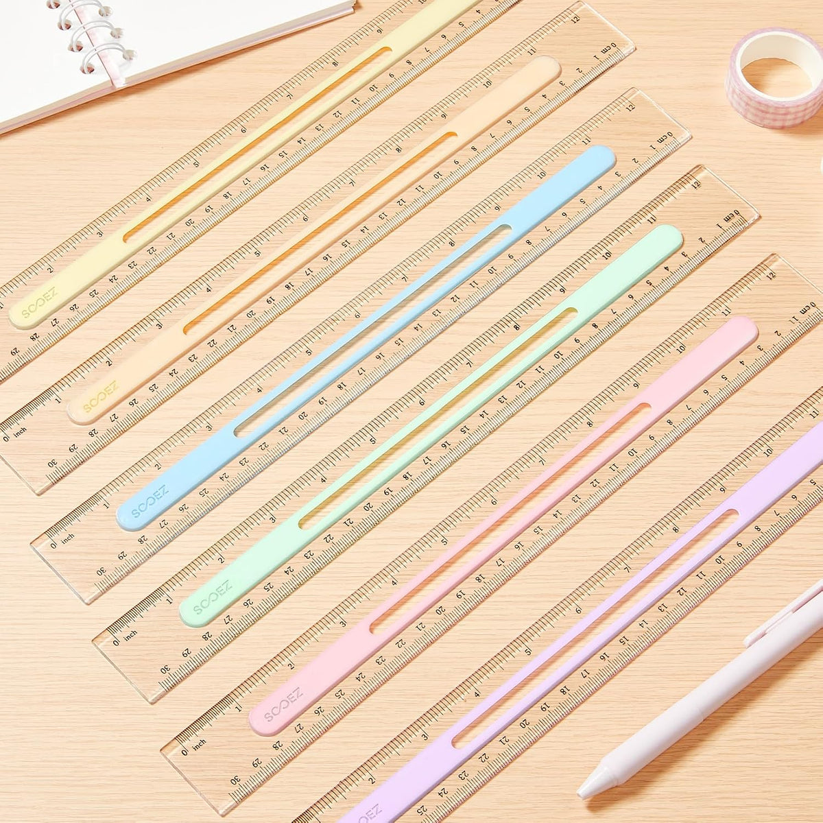 Sooez 6 Pack Ruler 12 Inch, Anti-Slip Clear Rulers for Kids School, Pastels