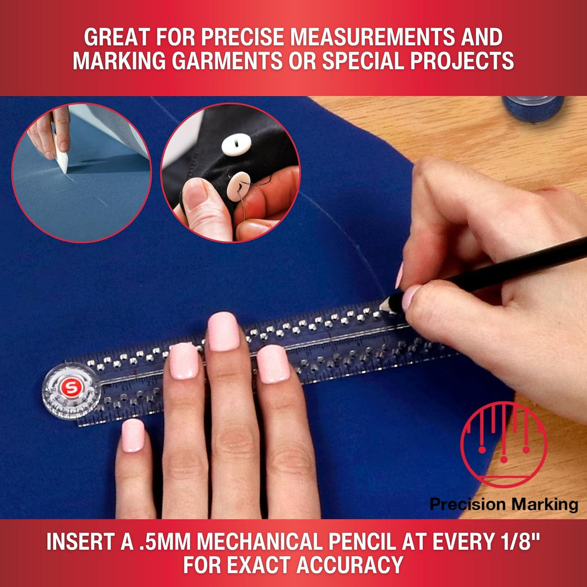 SINGER 12-Inch Folding Ruler with Precision Marking & Zero-Centering for Sewing, Quilting, Crafting & Patternmaking - Clear Metric Ruler - 15 Increment Quick Angle Ruler, Folds to 6”