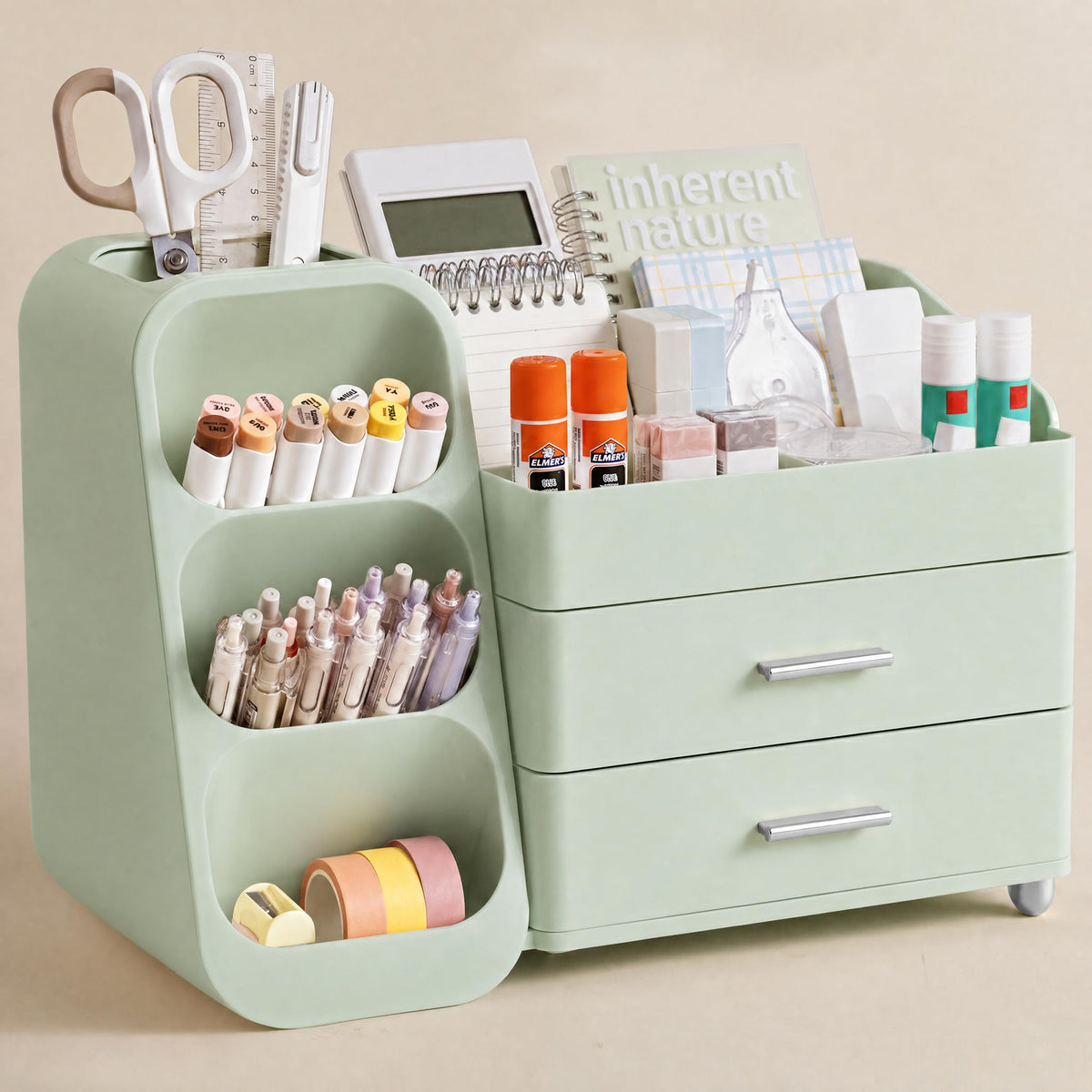 HBlife Desk Organizer with Pen Pencil Holder for Desk, Pen Organizer with 2 Drawers, Desk Organizers and Accessories with 4 Compartments, Desktop Storage for Office Home School Art Supplies, White