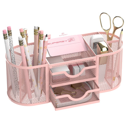 SUPEASY Mesh Desk Organizer, Pen Holder for Desk with 2 Drawers, Black