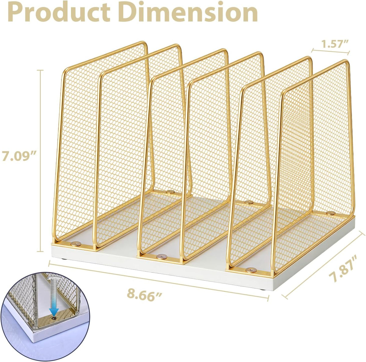 LEKETREE Gold Desk File Organizer, 5-Section Upright File Sorter, Vertical File Folder Holder, Mesh Metal Wood Office Desk Organizer for Document, Magazine, Books and more (White and Gold)
