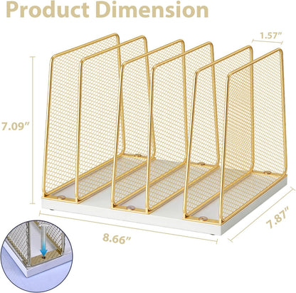 LEKETREE Gold Desk File Organizer, 5-Section Upright File Sorter, Vertical File Folder Holder, Mesh Metal Wood Office Desk Organizer for Document, Magazine, Books and more (White and Gold)