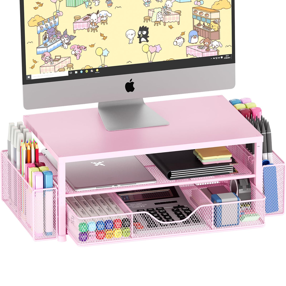 OPNICE Desk Organizer and Accessories, 2-Tier Computer Monitor Stand Riser with Drawer and 2 Pen Holders, Laptop Stand, Office Desk Accessories for Office Supplies, Black