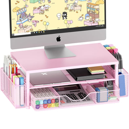 OPNICE Desk Organizer and Accessories, 2-Tier Computer Monitor Stand Riser with Drawer and 2 Pen Holders, Laptop Stand, Office Desk Accessories for Office Supplies, Black