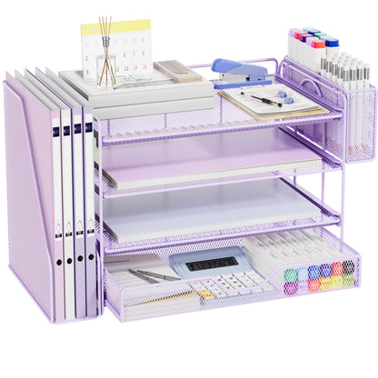 5-Tier Desk File Organizer with Drawer & Pen Holder (Black)
