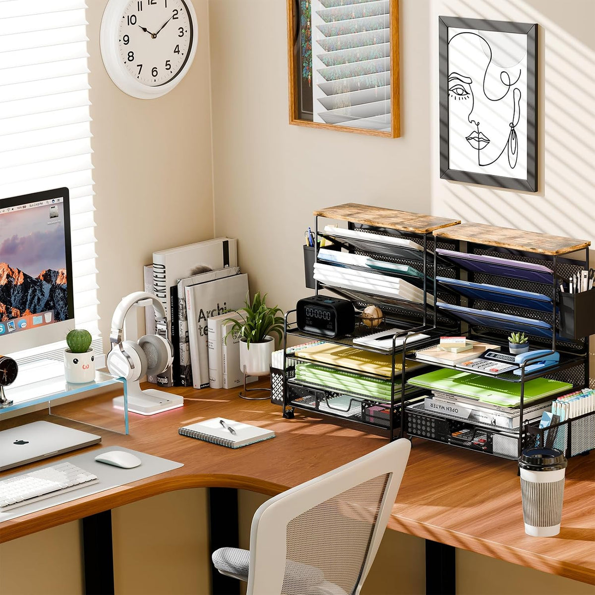Ekisemio 8 Tier Desk File Organizer with Sliding Drawer, Desktop Organizers and Accessories, Letter Size File Organizer for Desk, Black