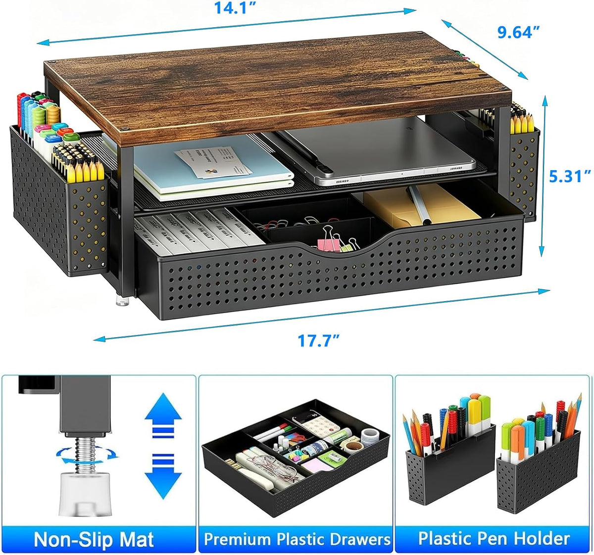 gianotter Desk Organizers and Accessories, Monitor Stand with Drawer and 2 Pen Holder, Desktop Organizer Suitable for Offices and Dormitories (Wood)