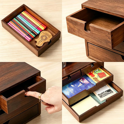 DEAYOU Bamboo Desk Organizer, 100% Natural Bamboo Desktop Drawer Organizer, Dark Brown Tabletop Storage Cabinet Organization Box with 4 Drawer for Makeup, Letter, Home, 3 Layer, Fully Assemble