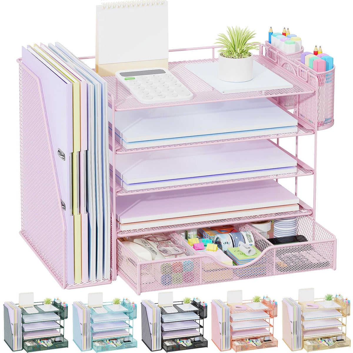 gianotter Desk Organizers and Accessories with File Holder, 4-Tier Desk Accessories & Workspace Organizers with Drawer and 2 Pen Holder, Paper Organizer for Office Supplies (Rose Gold)
