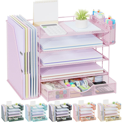 gianotter Desk Organizers and Accessories with File Holder, 4-Tier Desk Accessories & Workspace Organizers with Drawer and 2 Pen Holder, Paper Organizer for Office Supplies (Rose Gold)