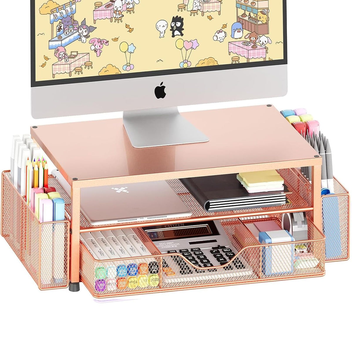 OPNICE Desk Organizer and Accessories, 2-Tier Computer Monitor Stand Riser with Drawer and 2 Pen Holders, Laptop Stand, Office Desk Accessories for Office Supplies, Black
