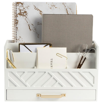 BLU MONACO | Wooden Mail Organizer with Drawer | Mail Organizer Countertop with 6 Compartments | Bill Holder for Desk | White Desktop Mail Sorter