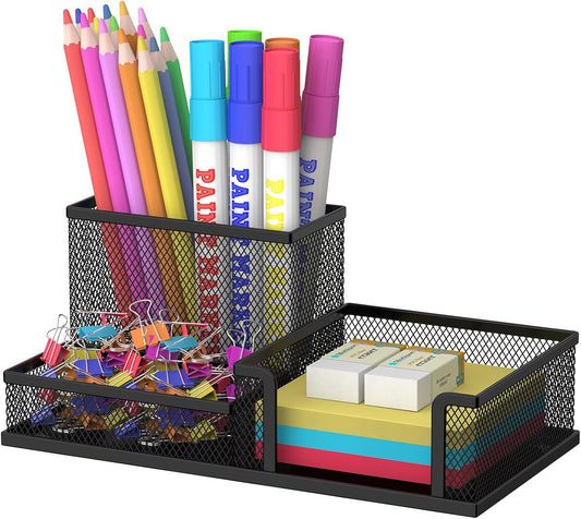 SUPEASY Pen Holder Desk Organizer, Office Supplies Pencil Holder with 3 Compartments, Desk Accessories and Workspace Organizers for Home School Classroom, Black